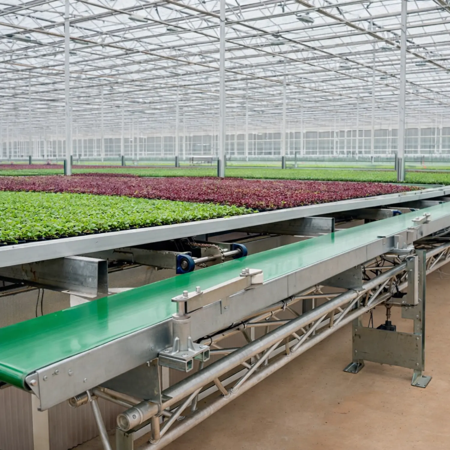Automated conveyor system installed inside an industrial greenhouse