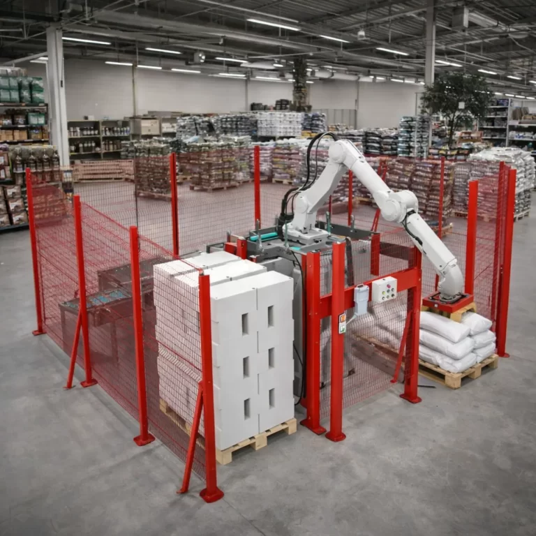 Automated palletizer system enclosed in a safety zone, operating inside a garden center warehouse with conveyors and stacked pallets.