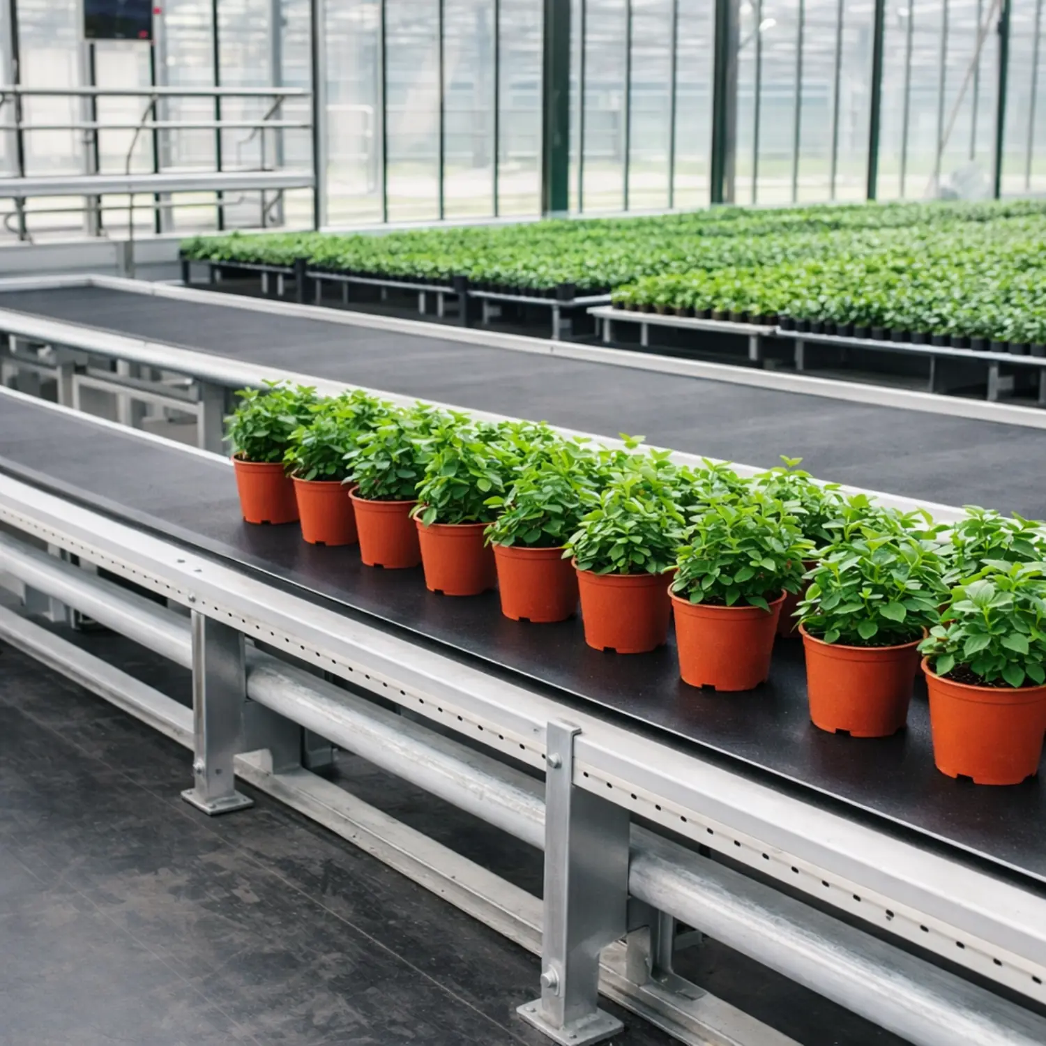 Young plants transported on a conveyor belt in an automated industrial greenhouse