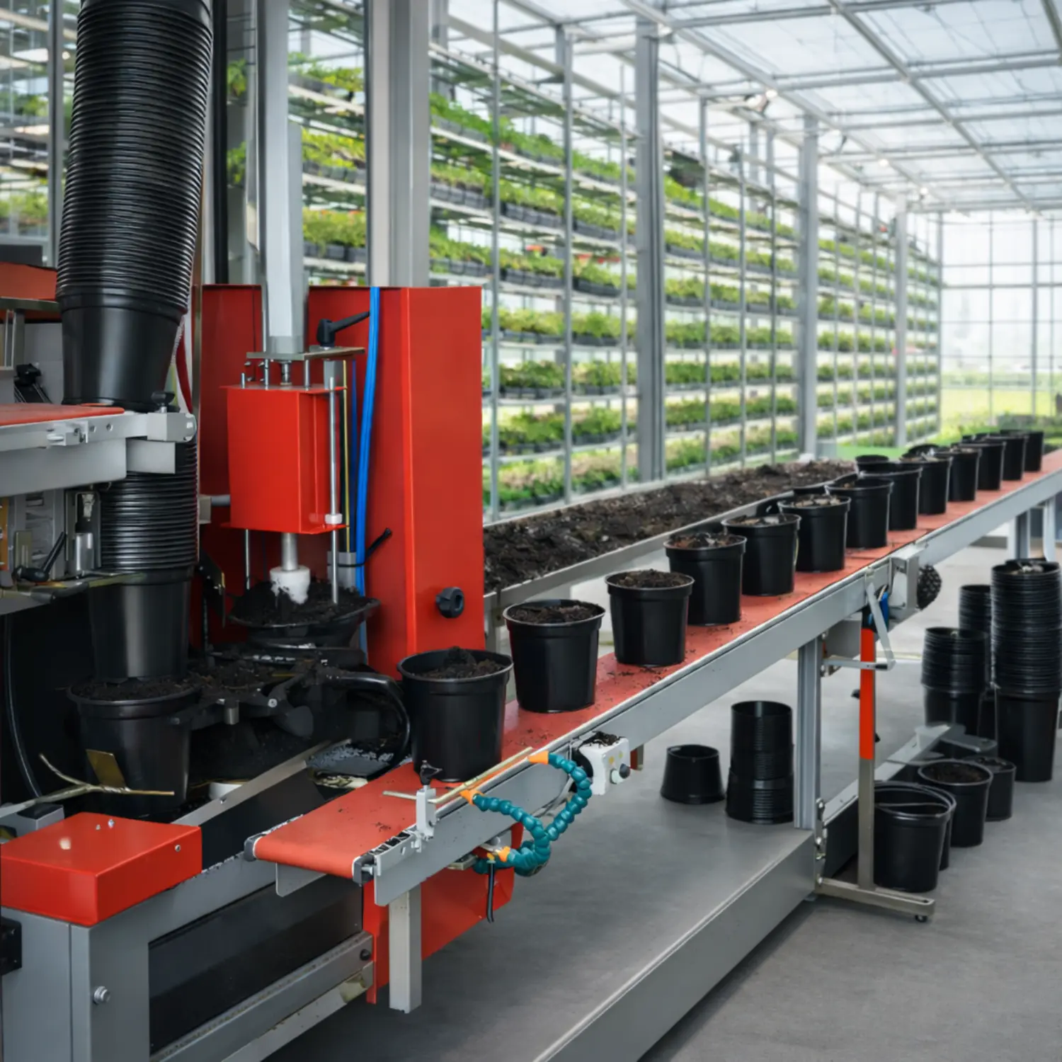 Industrial potting machine operating inside a high-tech greenhouse environment