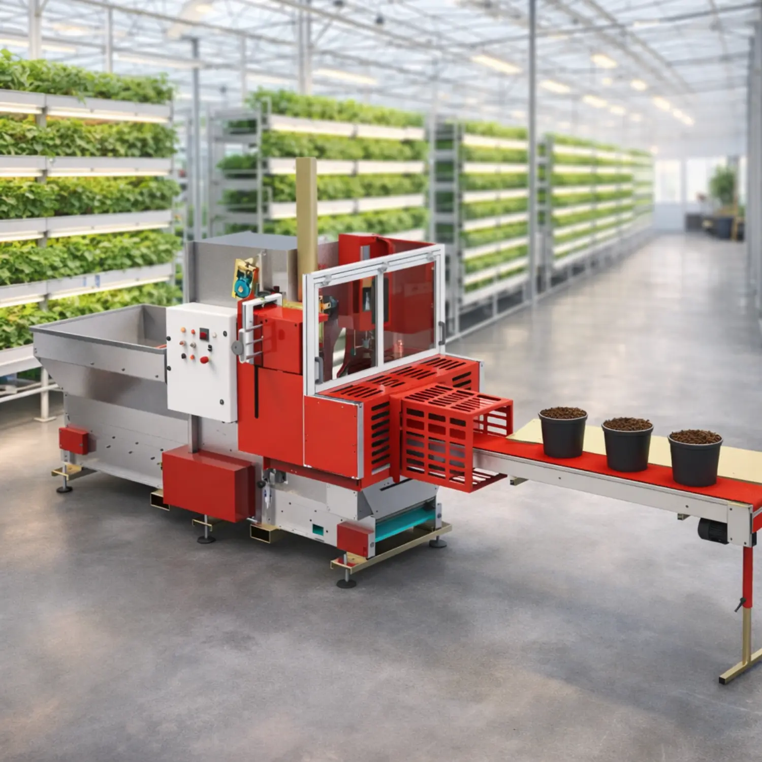 Automated potting machine installed inside a modern industrial greenhouse with vertical farming systems