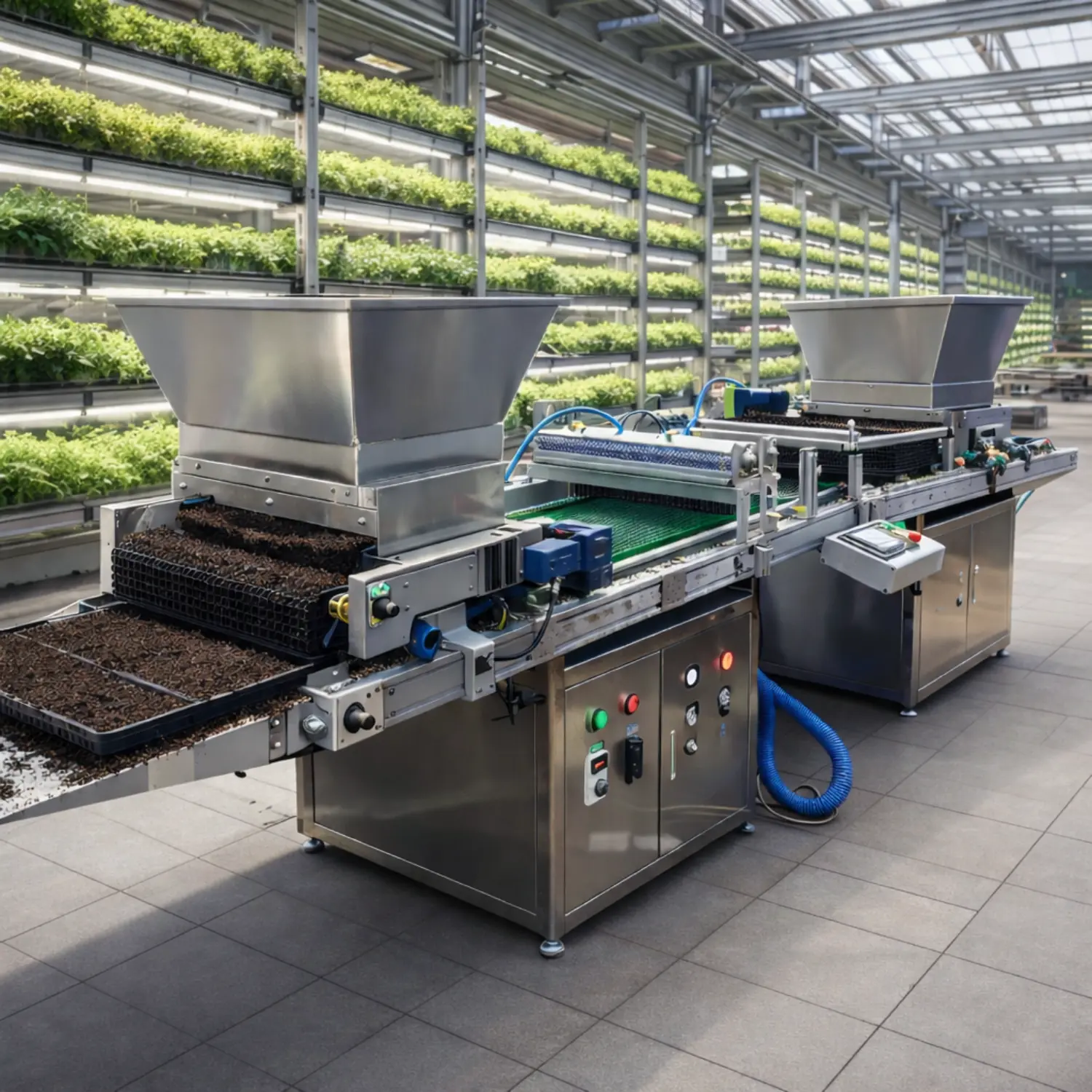 Seedling line equipment integrated into a large-scale industrial greenhouse production line.