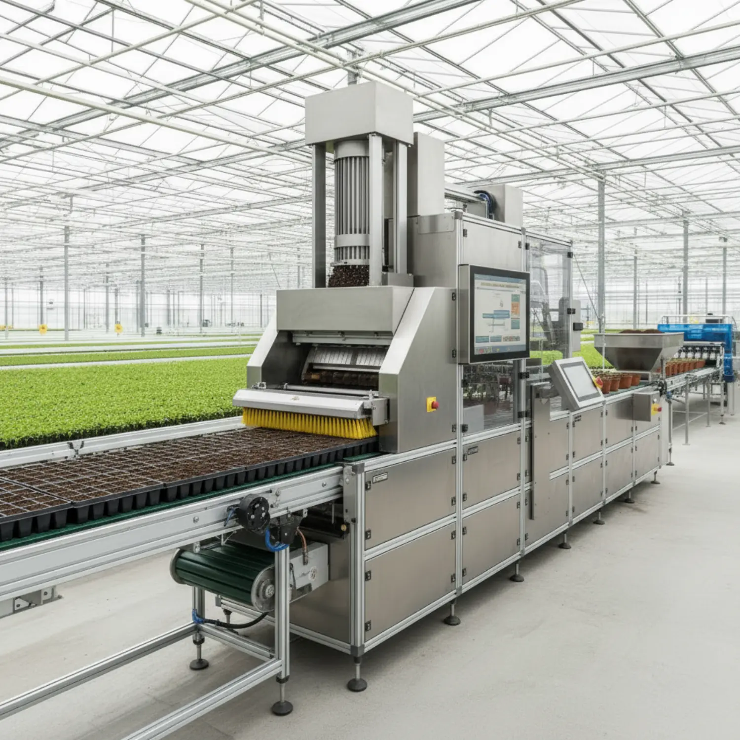 Tray filler machine positioned inside a commercial greenhouse environment