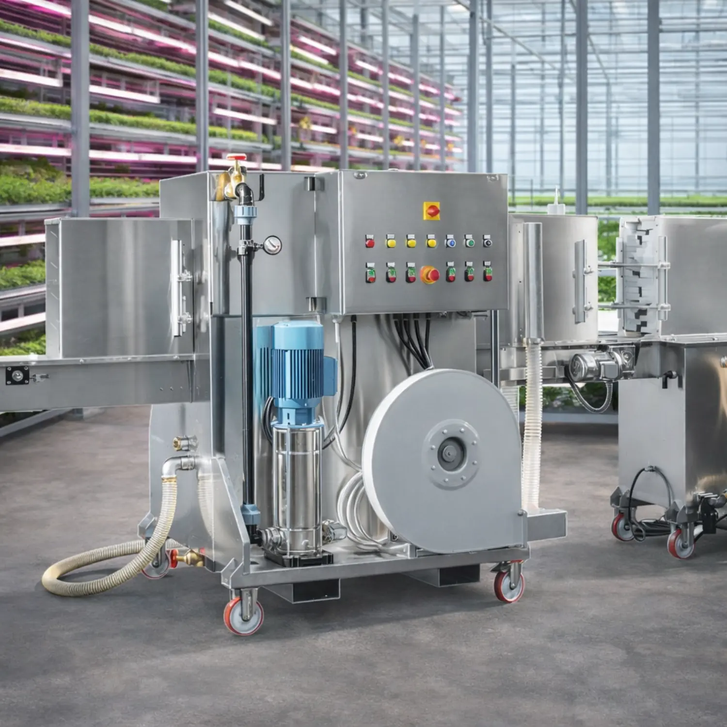 Stainless steel tray washer installed inside an industrial greenhouse with vertical farming systems in the background